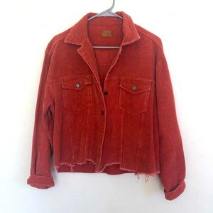 Maroon corduroy jacket with raw hem in front